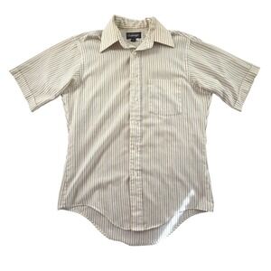 Challenger Pinstripe Button Down Shirt Short‎ Sleeve Tan Blue Large Vintage 70s